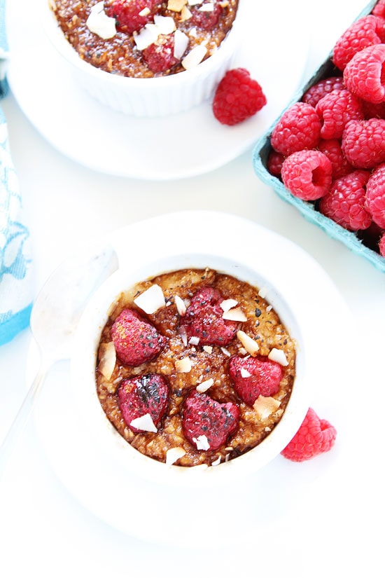 Raspberry Coconut Crème Brûlée Oatmeal Recipe on twopeasandtheirpod.com 