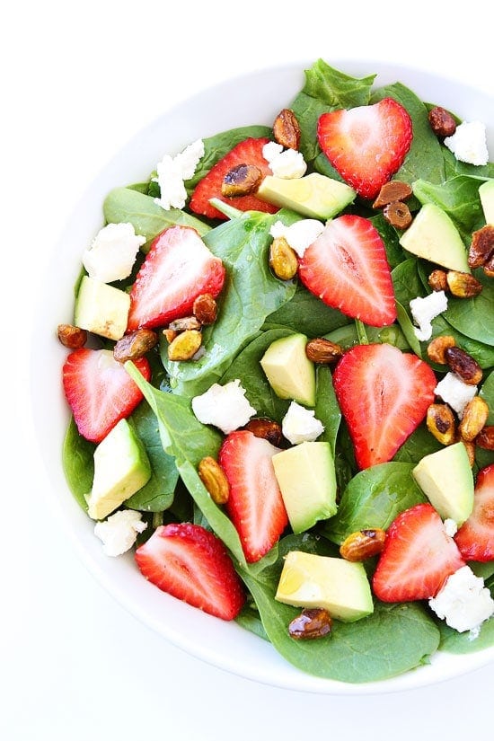 Strawberry Spinach Salad with Avocado, Goat Cheese, and Candied Pistachios Recipe