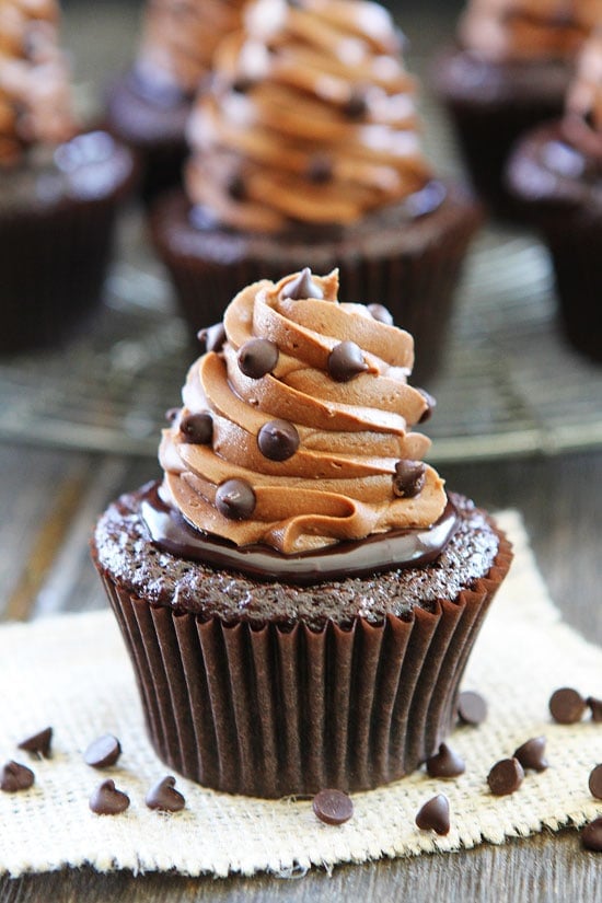 Ultimate Chocolate Cupcakes with chocolate ganache, buttercream frosting, and chocolate chips