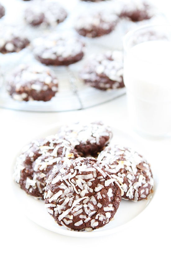 Vegan Chocolate Coconut Cookies ready to eat on plate served with coconut milk