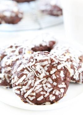 Vegan Chocolate Coconut Cookies with coconut on top served on a plate