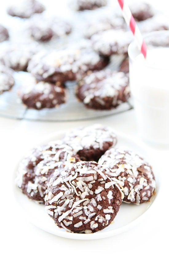 Vegan Chocolate Coconut Cookies on plate with a glass of milk