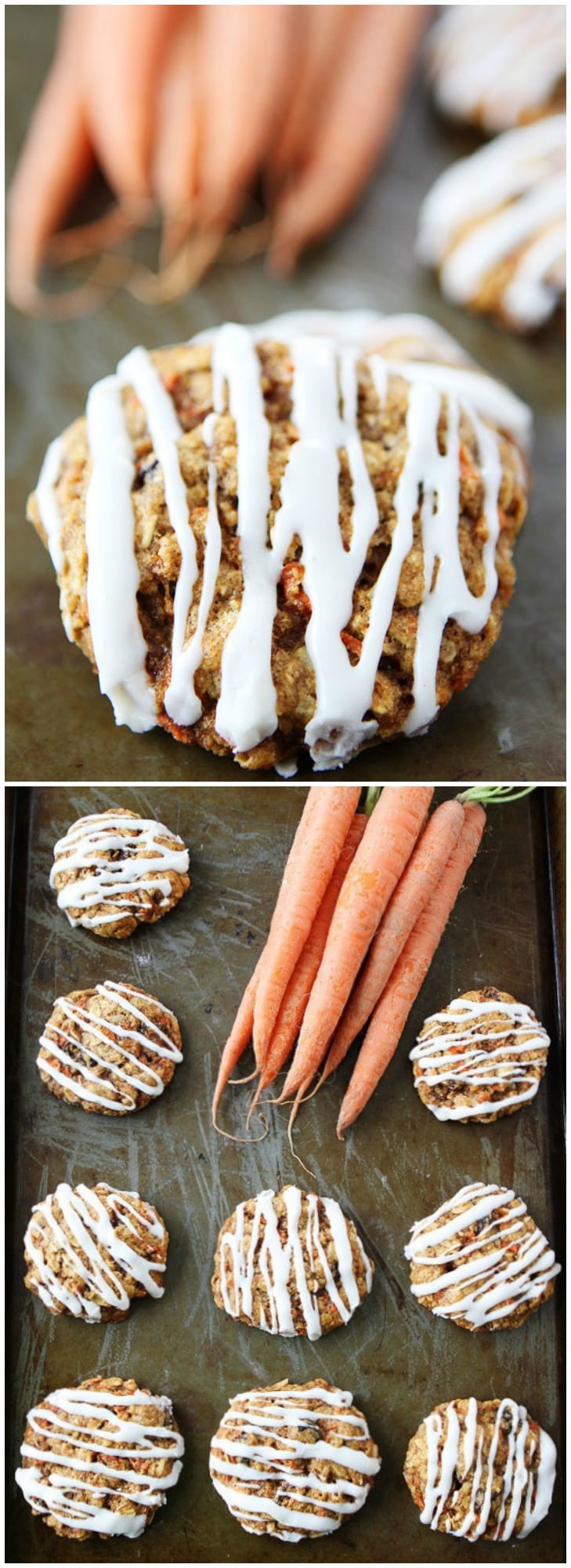 Carrot Cake Oatmeal Cookies with Cream Cheese Glaze Recipe on twopeasandtheirpod.com If you like carrot cake you will LOVE these cookies!