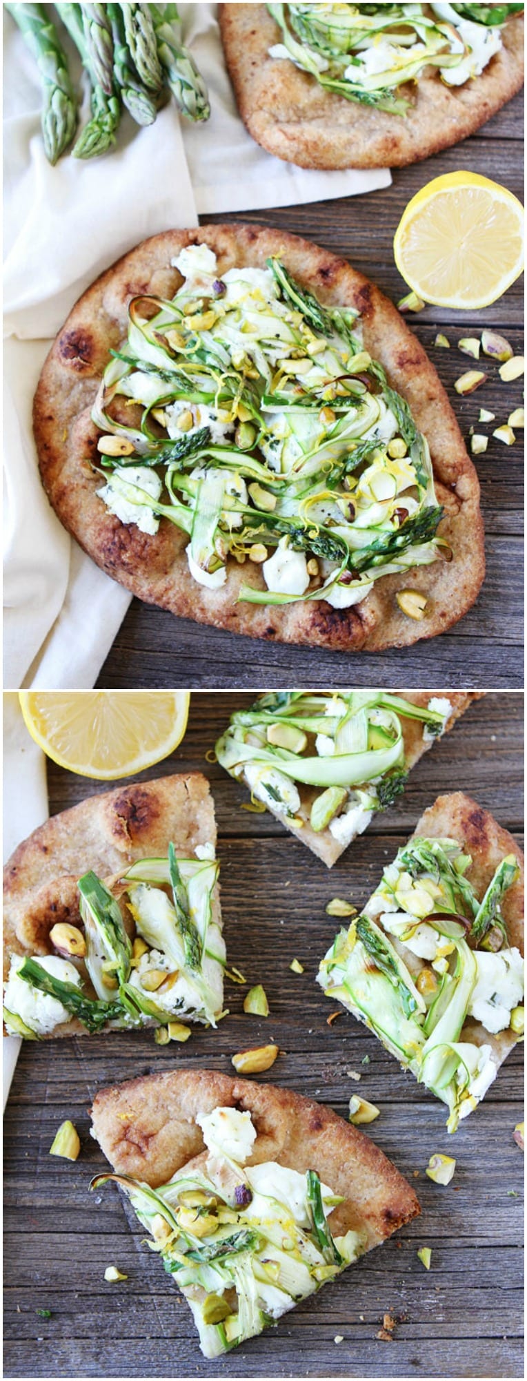 Asparagus, Goat Cheese, and Pistachio Flatbread Recipe on twopeasandtheirpod.com The perfect flatbread recipe for spring!