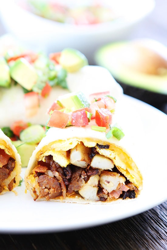 Breakfast Burrito loaded with potatoes bacon and chorizo