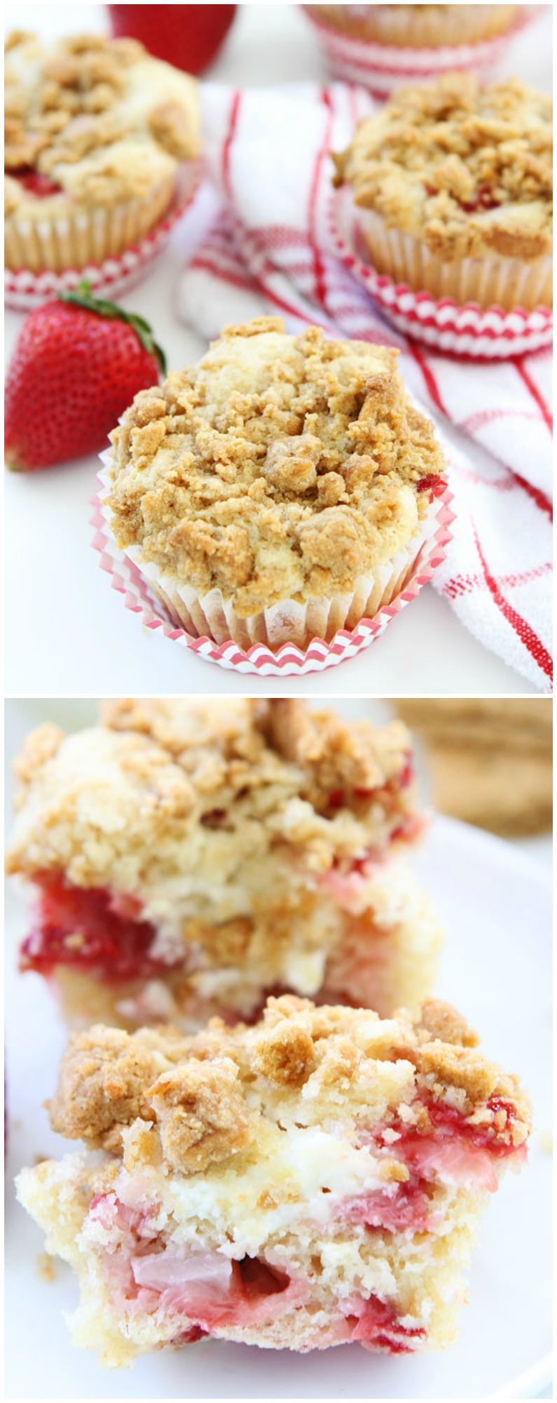 Strawberry Cheesecake Muffin Recipe on twopeasandtheirpod.com There is a special cheesecake surprise inside and a graham cracker streusel on top! These muffins are amazing!