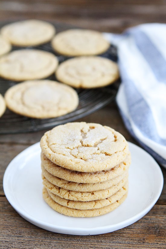 Soft peanut butter cookies piled high on plate