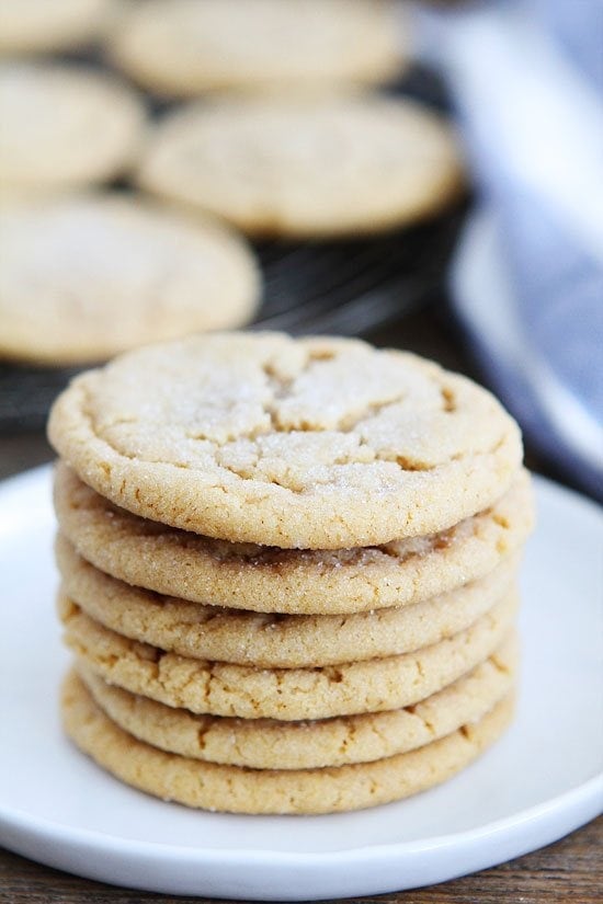 Stack of soft peanut butter cookies on plate