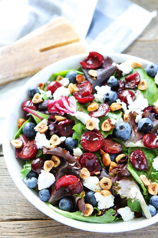 Balsamic Grilled Cherry, Blueberry, Goat Cheese, and Candied Hazelnut Salad Recipe