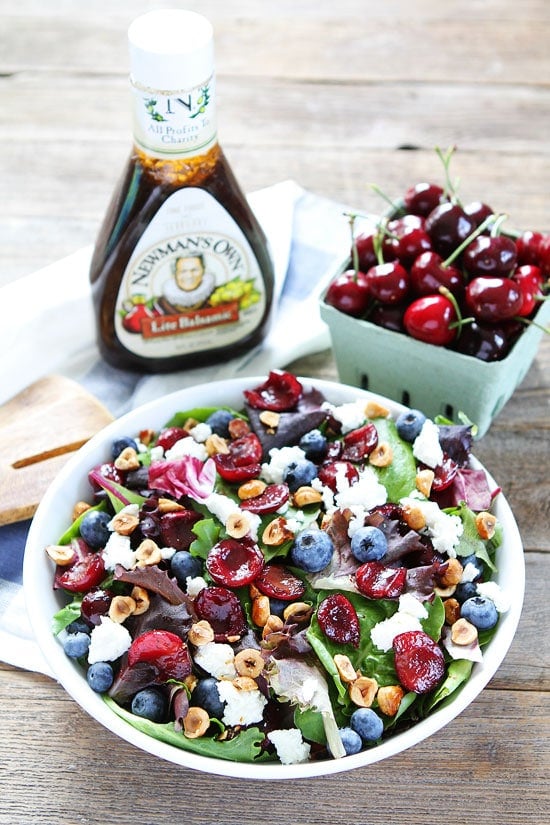 Balsamic Grilled Cherry, Blueberry, Goat Cheese, and Candied Hazelnut Salad Recipe