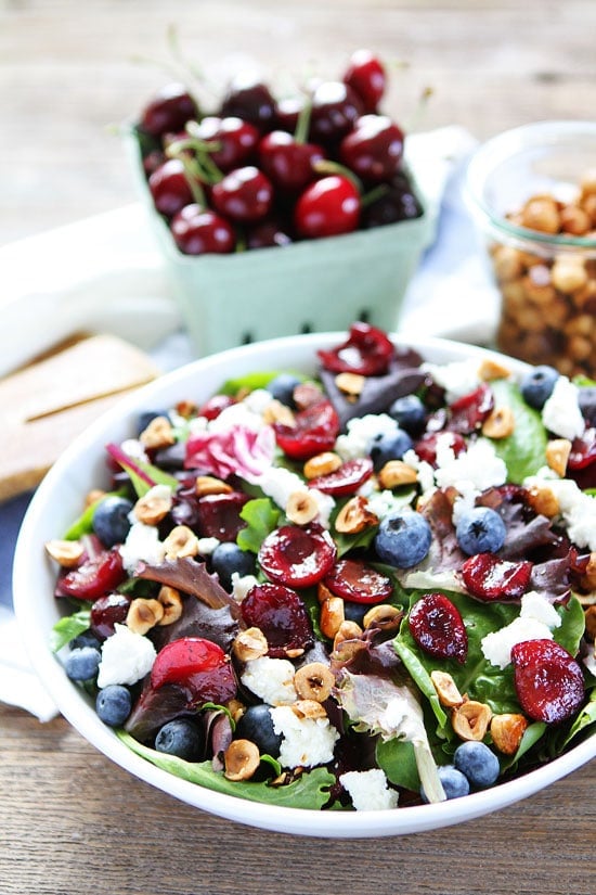 Balsamic Grilled Cherry, Blueberry, Goat Cheese, and Candied Hazelnut Salad Recipe