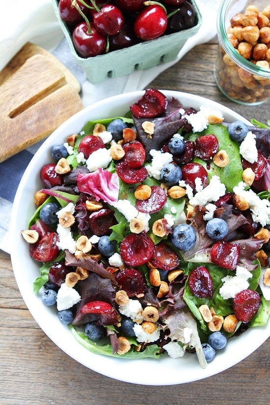 Balsamic Grilled Cherry, Blueberry, Goat Cheese, and Candied Hazelnut Salad Recipe 