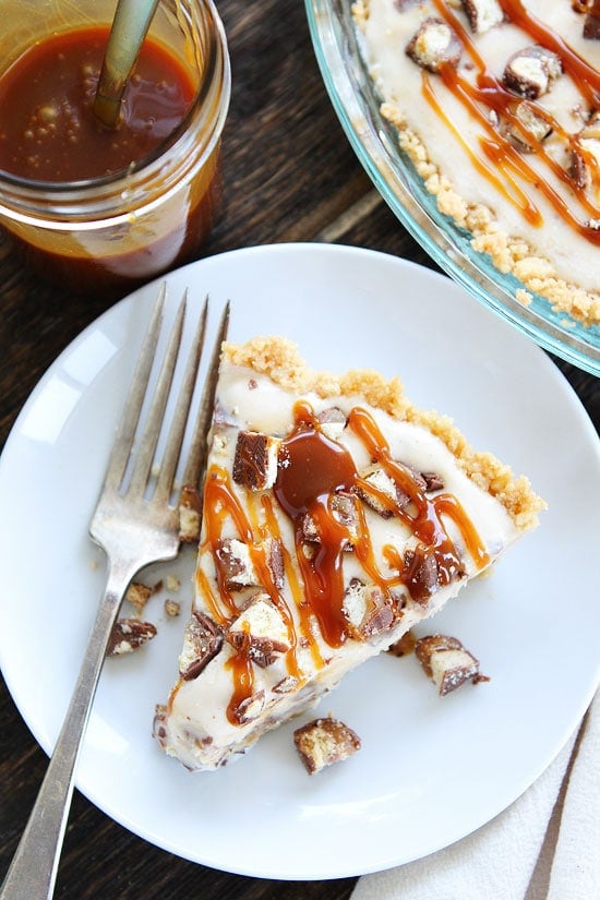 Twix Ice Cream Pie with caramel sauce