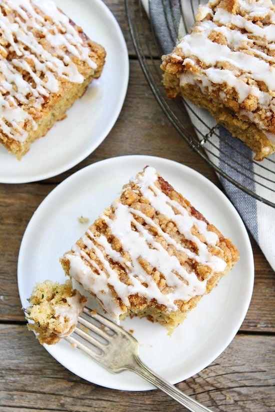 Brown Butter Zucchini Coffee Cake on plate with bite on fork