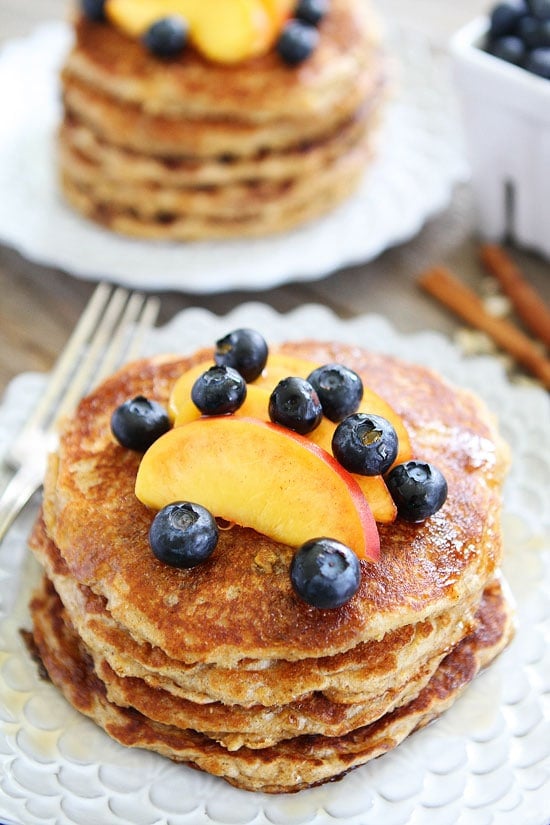 Oatmeal Pancakes with Cinnamon topped with blueberries