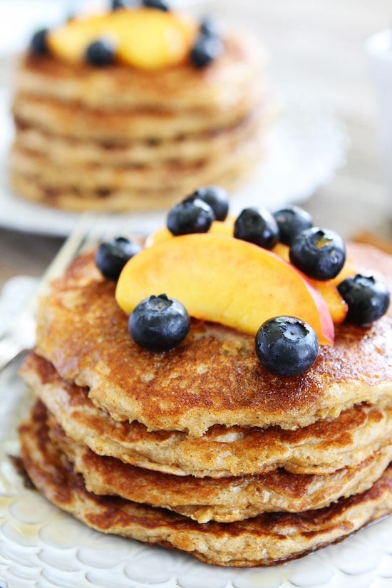 Easy Oatmeal Pancakes with cinnamon and blueberries