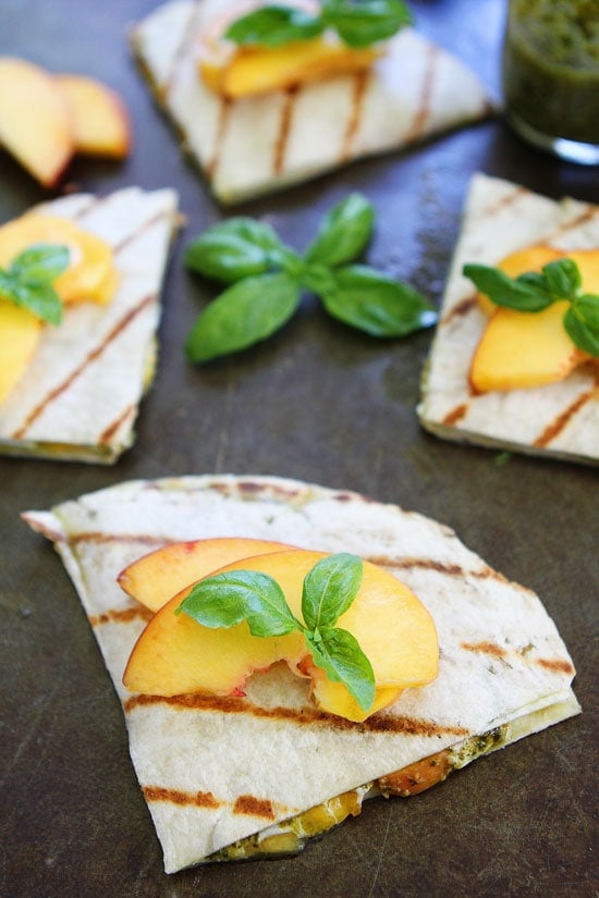 Grilled Peach, Pesto, and Mozzarella Quesadillas