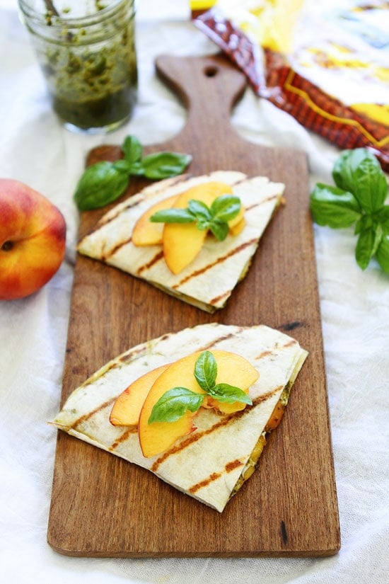 Grilled Peach, Pesto, and Mozzarella Quesadillas Recipe