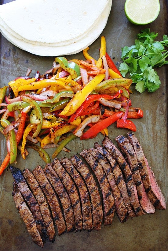 Easy steak fajitas laid out and ready to assemble