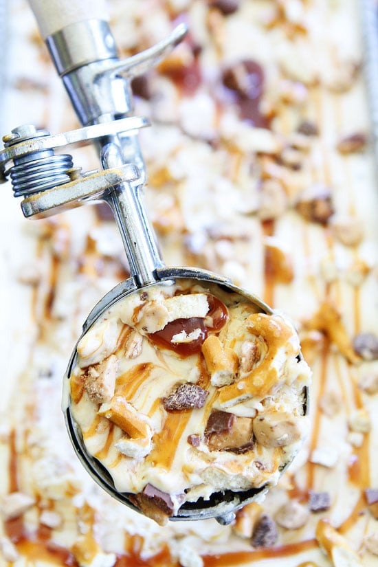 No Churn Salted Caramel Toffee Pretzel Ice Cream Recipe 