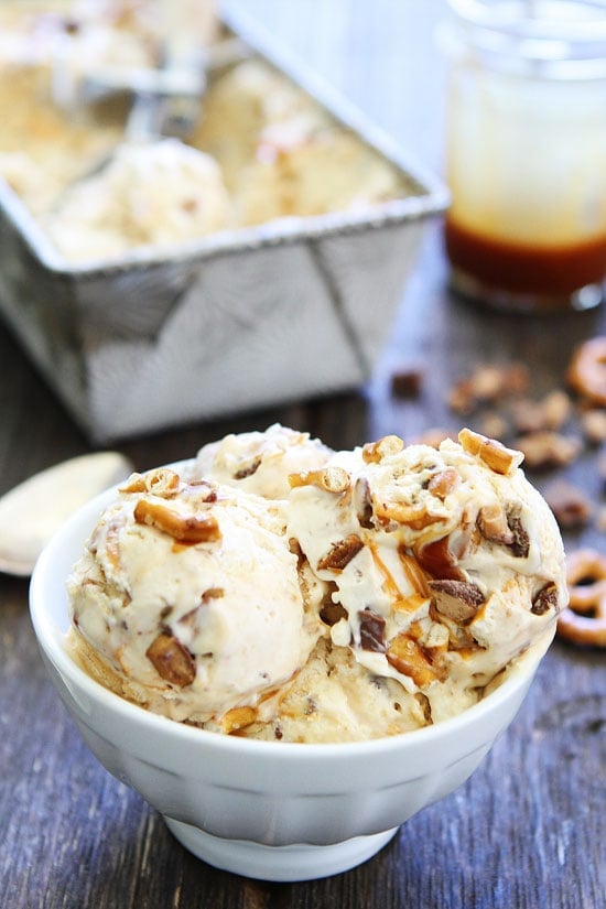 No Churn Salted Caramel Toffee Pretzel Ice Cream Recipe 