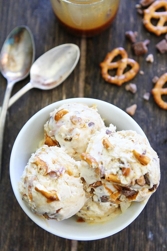 No Churn Salted Caramel Toffee Pretzel Ice Cream Recipe 