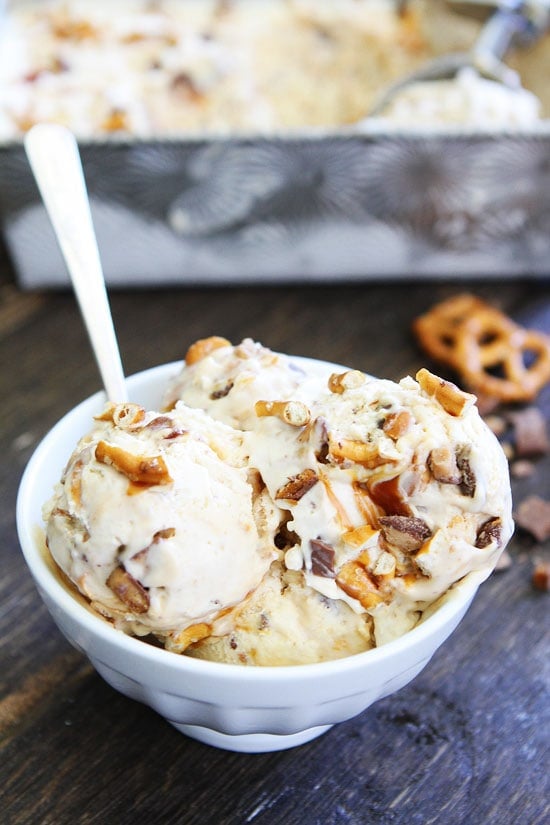 No Churn Salted Caramel Toffee Pretzel Ice Cream Recipe