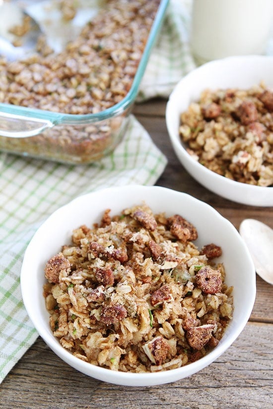 Zucchini Bread Baked Oatmeal in bowl with candied pecans