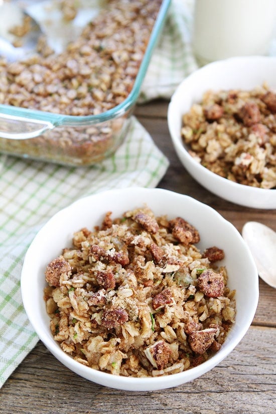 Zucchini Bread Baked Oatmeal Recipe on twopeasandtheirpod.com Use up your summer zucchini and make this easy and healthy baked oatmeal! Zucchini Bread Baked Oatmeal in bowl with candied pecans