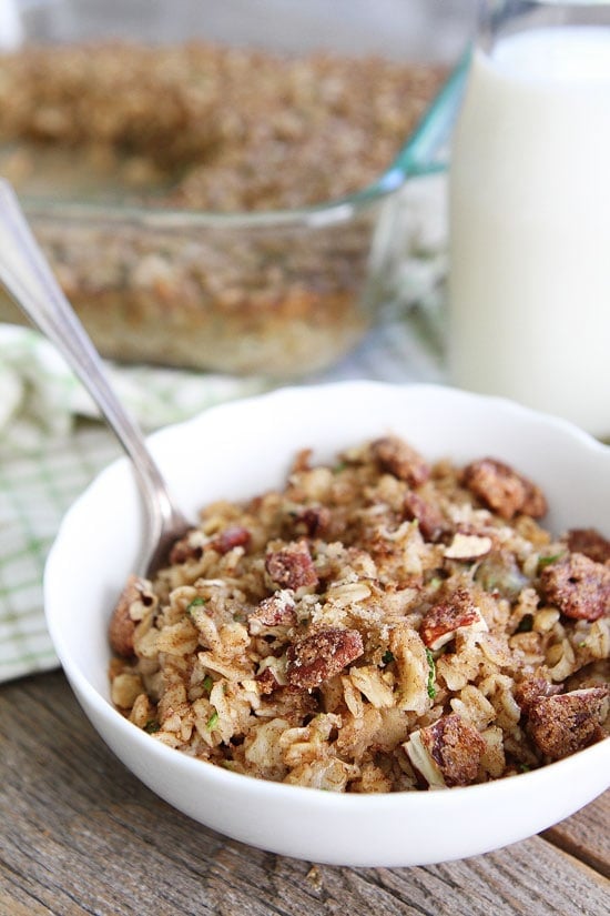 Zucchini Bread Baked Oatmeal in bowl with spoon