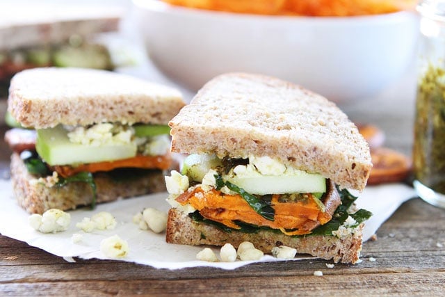 Roasted Sweet Potato Sandwich with Apples, Pesto, Kale, and Blue Cheese Recipe