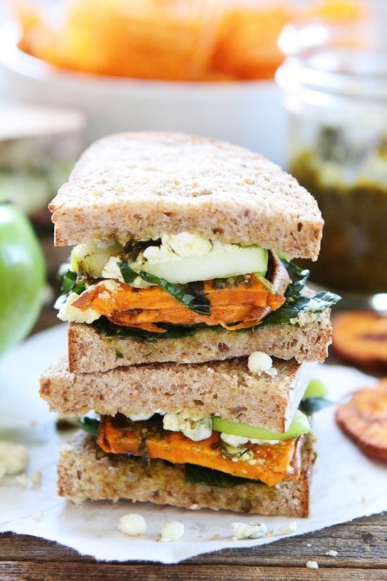 Roasted Sweet Potato Sandwich with Apples, Pesto, Kale, and Blue Cheese Recipe