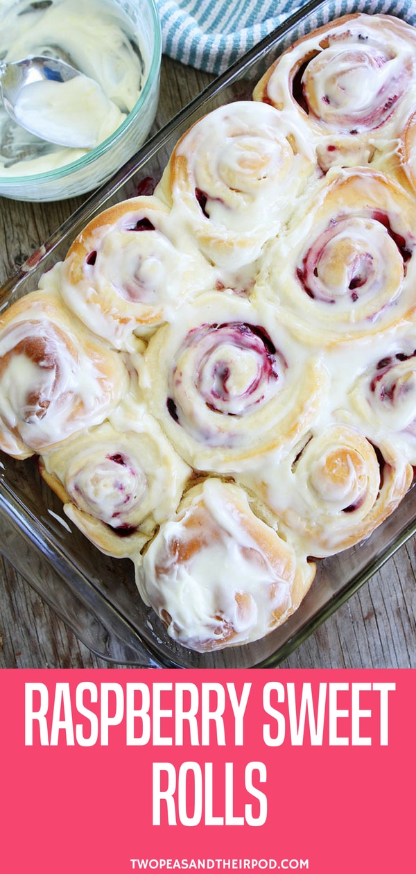 Raspberry Sweet Rolls-soft and sweet yeast rolls filled with raspberries and topped with cream cheese frosting. These sweet rolls are perfect for breakfast or brunch. #cinnamonrolls #breakfast #holidays Visit twopeasandtheirpod.com for more simple, fresh, and family friendly meals.