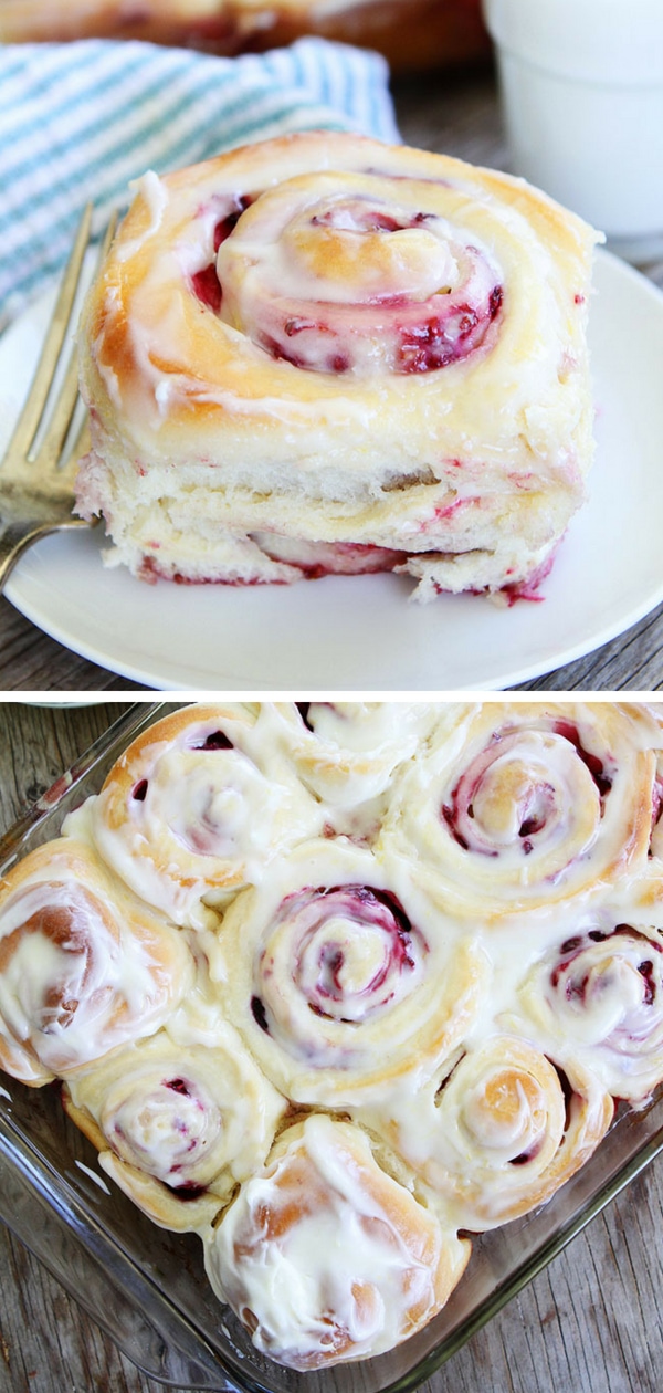 These raspberry sweet rolls with cream cheese frosting are the perfect treat for breakfast or brunch! #cinnamonrolls #breakfast #holidays Visit twopeasandtheirpod.com for more simple, fresh, and family friendly meals.