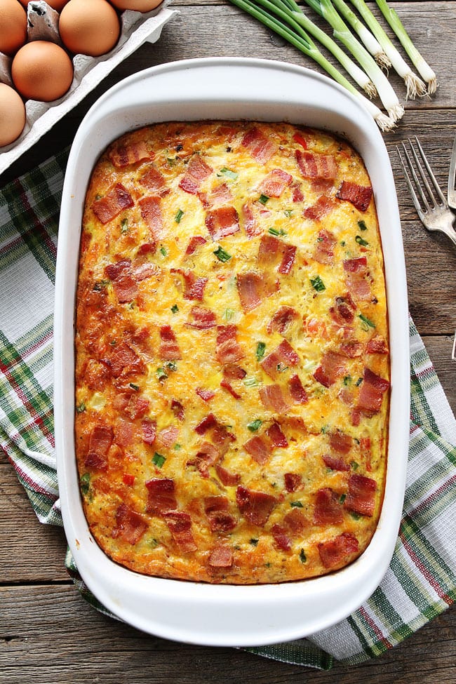 bacon potato egg casserole in baking dish. 