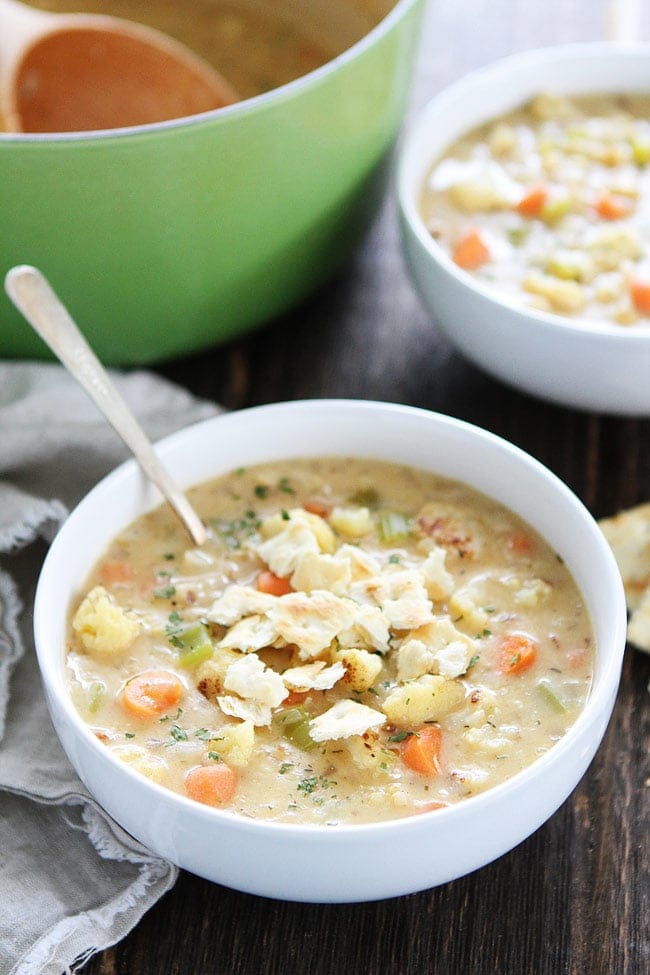 Creamy Roasted Cauliflower Chowder Recipe on twopeasandtheirpod.com This easy, cheesy chowder is SO good! Creamy Roasted Cauliflower Chowder Recipe