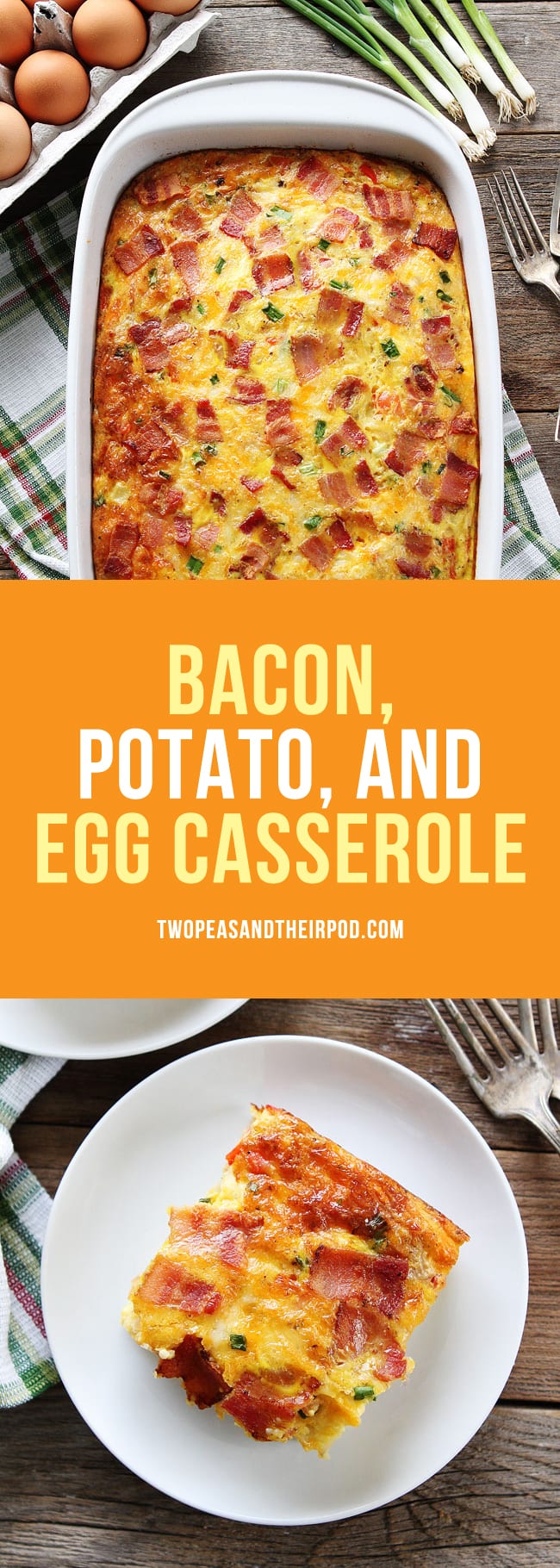 Bacon Potato, and Egg Casserole-this easy breakfast casserole is packed with bacon, potatoes, and cheese! It can be prepared ahead of time and is a real crowd pleaser! #breakfast #casserole #bacon #holidays #eggs