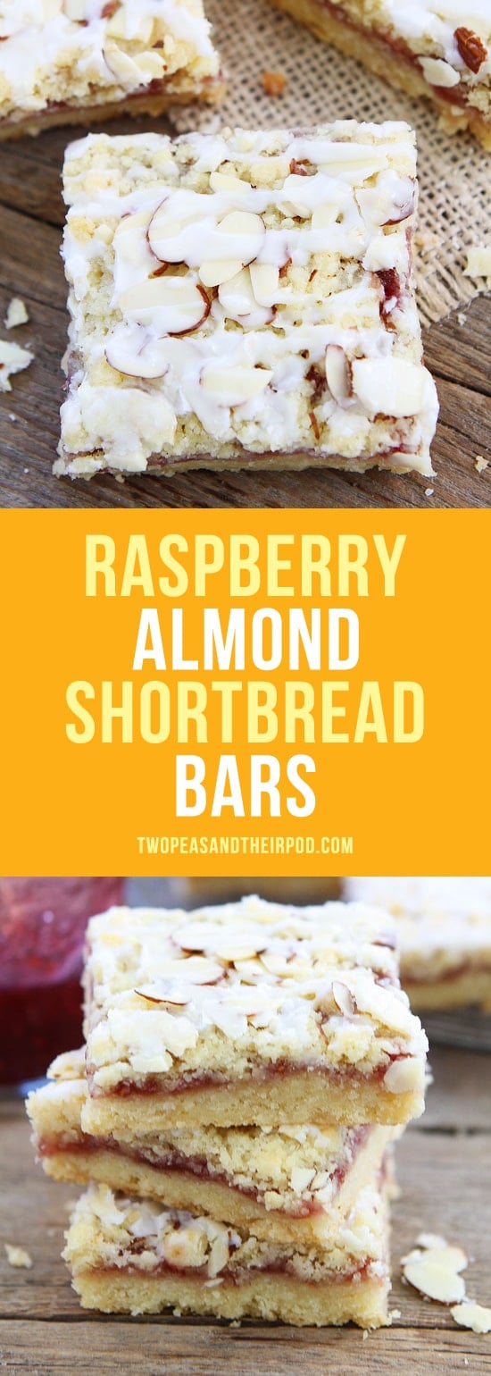 Raspberry Almond Shortbread Bars-buttery shortbread bars topped with raspberry jam, almond streusel, and a sweet almond glaze. A great dessert for the holidays or any day! #cookies #bars #dessert