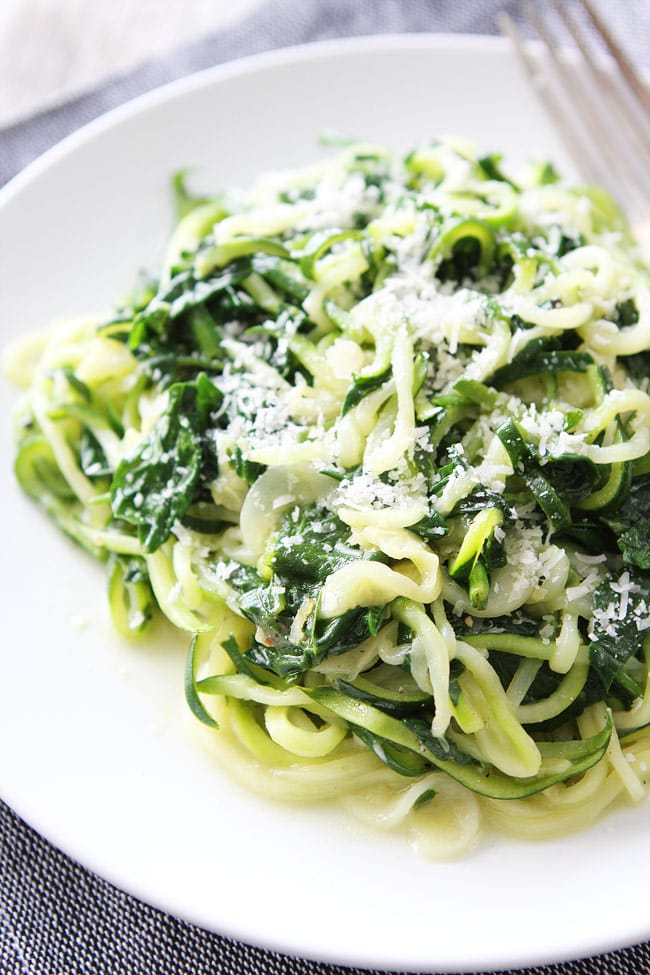 Zucchini Noodles tossed with cooked spinach and parmesan cheese