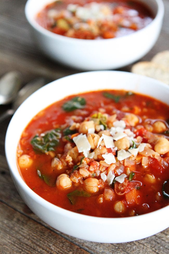 Chickpea Farro Soup Recipe on twopeasandtheirpod.com T