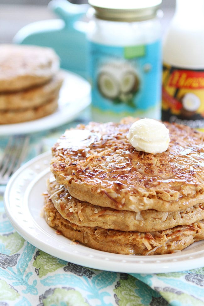 Coconut Pancakes served with coconut syrup and butter