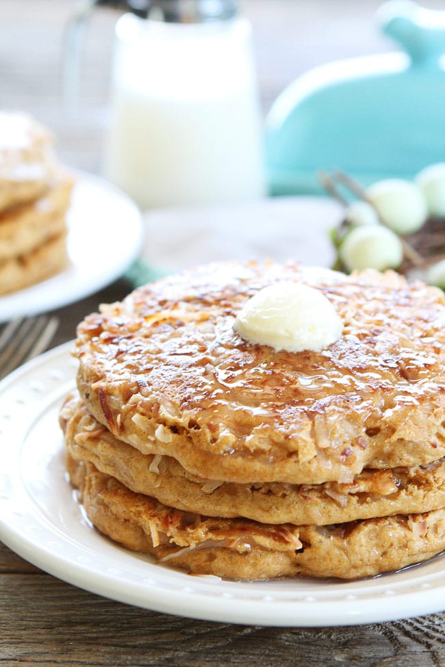 Melted butter on stack of Coconut milk Pancakes