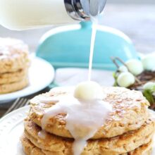 coconut pancakes drizzled with coconut pancake syrup