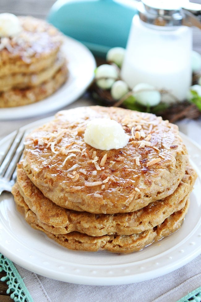 Coconut Milk Pancakes topped with coconut pancake syrup and butter