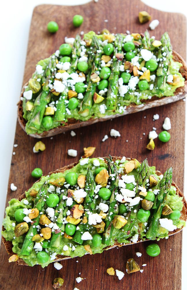 Avocado Toast with Asparagus, Peas, Pistachios, and Feta Cheese