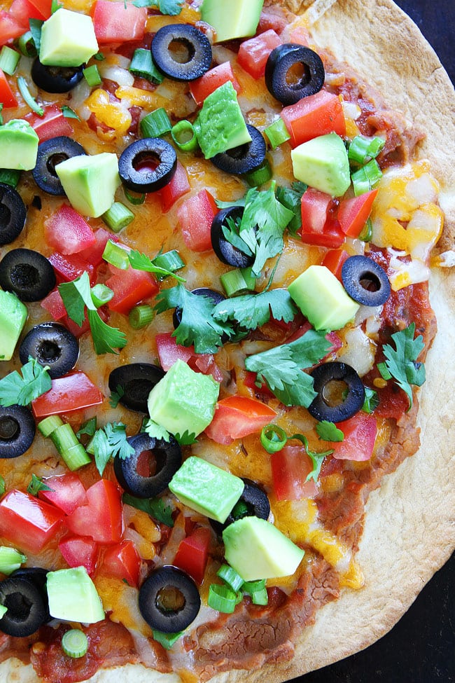 Close up of Mexican Pizza baked on Flour Tortilla