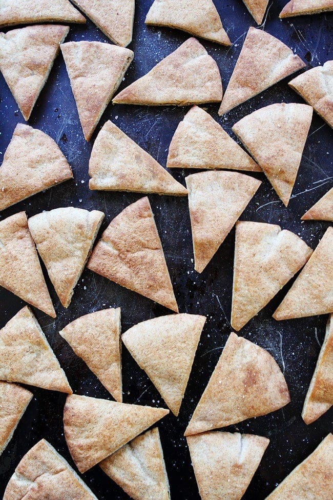 Homemade Pita Chips on baking sheet. 