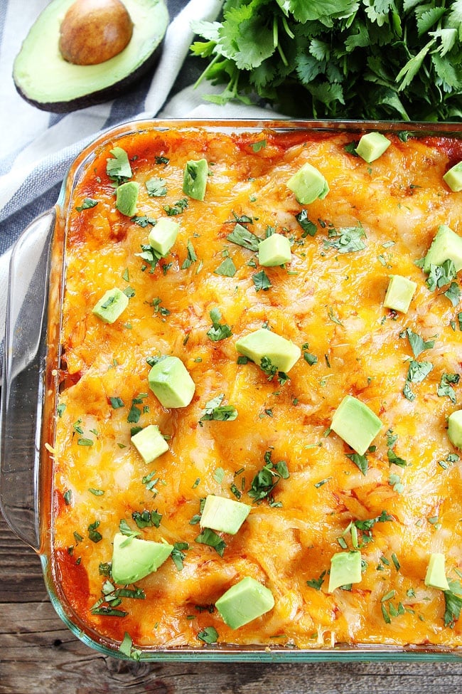 Stacked Sweet Potato Black Bean Enchiladas in pan