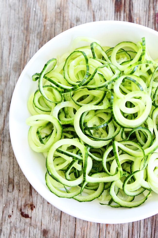 Cucumber Noodle, Watermelon, and Feta Salad Recipe on twopeasandtheirpod.com The perfect summer salad! Cucumber Noodle, Watermelon, and Feta Salad Recipe