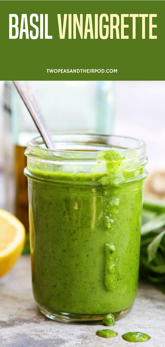 Basil Vinaigrette-this easy basil vinaigrette is great as a salad dressing or sauce for chicken, fish, vegetables, or pasta. It is good on just about everything! #healthy #easyrecipe #healthyeating #healthyrecipe #saladdressing Visit twopeasandtheirpod.com for more simple, fresh, and family friendly meals.